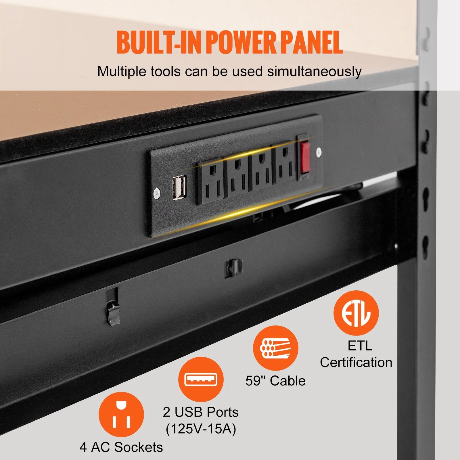 VEVOR Workbench A3 Steel Work Bench for Garage Max. 1500W Heavy Duty Workbench 220Lbs Weight Capacity 0.47 Bench Top Thickness Hardwood Workbench 1.5M Cable 4Xac Outlets 2Xusb Ports 30Xhooks