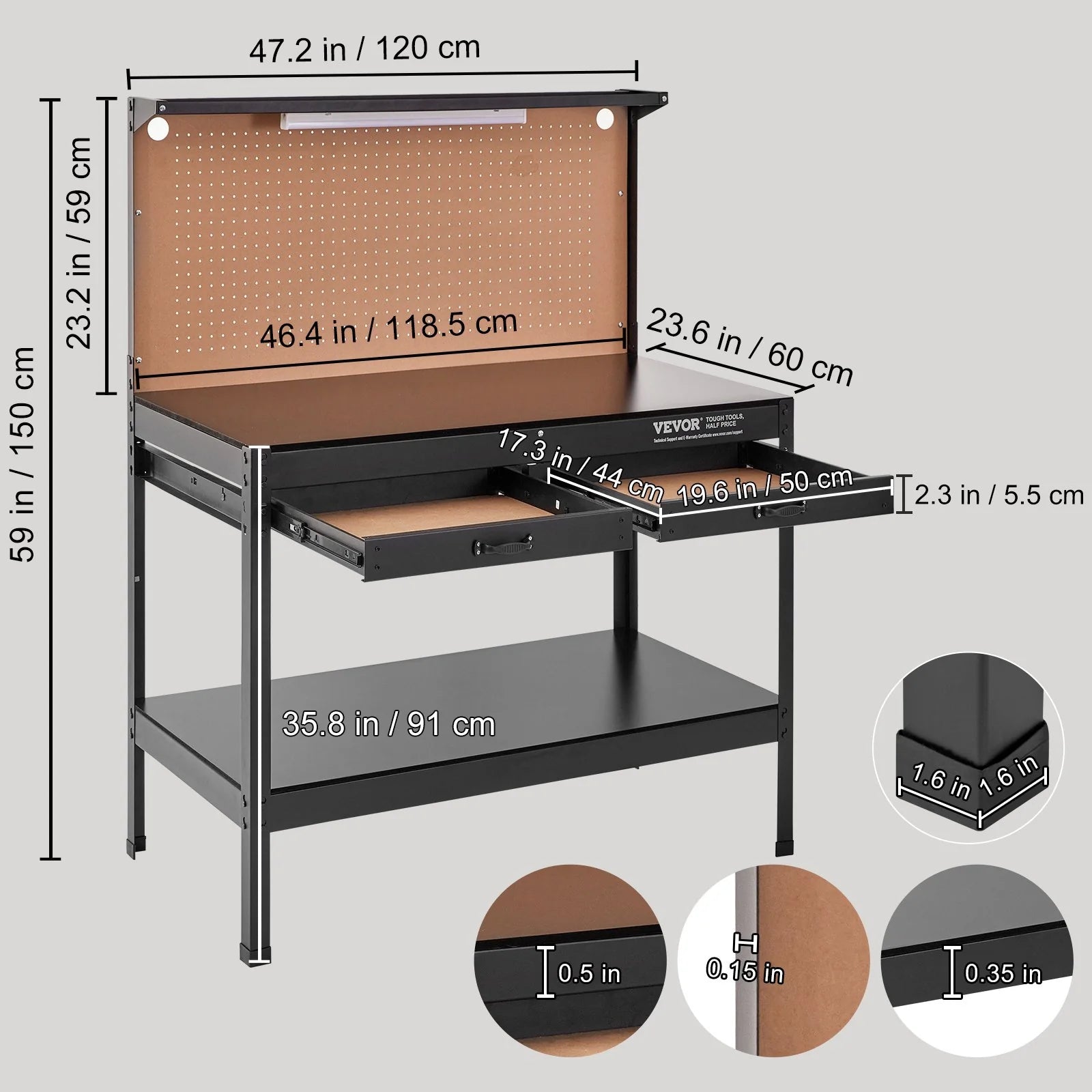 VEVOR Workbench A3 Steel Work Bench for Garage Max. 1500W Heavy Duty Workbench 220Lbs Weight Capacity 0.47 Bench Top Thickness Hardwood Workbench 1.5M Cable 4Xac Outlets 2Xusb Ports 30Xhooks