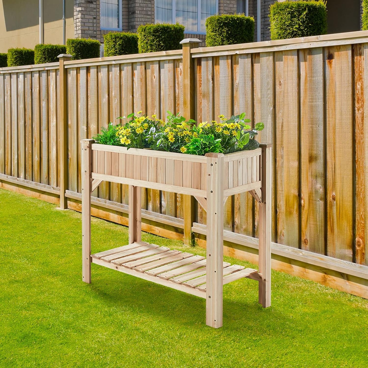 Raised Garden Bed with Legs 36.3X36.3X24 Inch -  Herb Planter with Divider Liner Flower Herb Wood Planter with Storage Shelves for Backyard Patio Extra Gloves 3 Tools 8 Grow Area 20 T-Tag