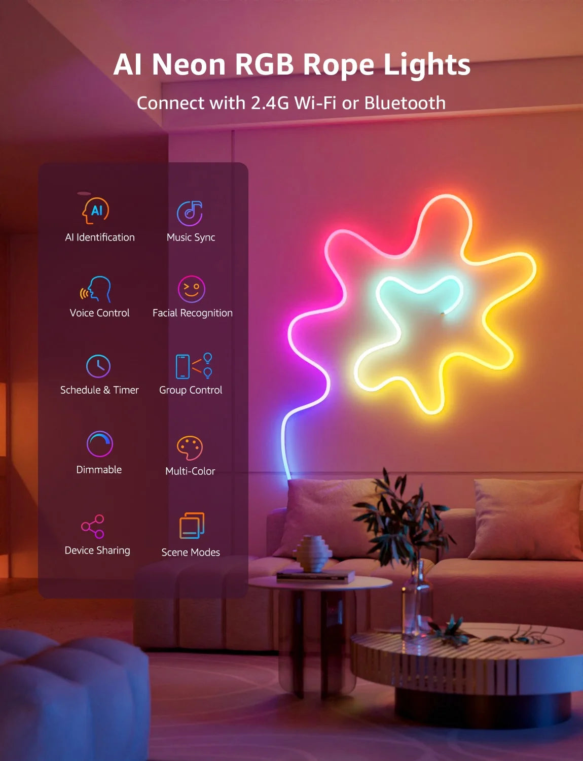 N1 AI Smart RGB Rope Lights 19.68Ft , LLM AI Generated Lighting, Lightbeats Music Sync, Color Segment DIY, Voice Control via App, Wi-Fi & Bluetooth LED Strip Lights