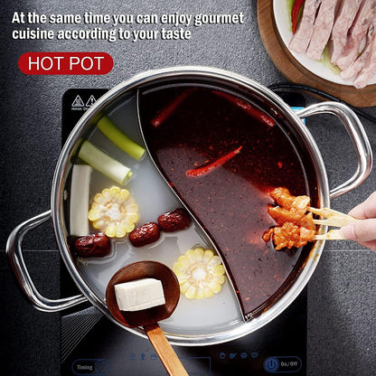 13Inch Hot Pot with Divider Lid Stainless Steel Shabu Shabu Pot for Induction Cooktop Gas Stove Kitchen Cooker, Dual Sided Soup Cookware with 2 Soup Ladles