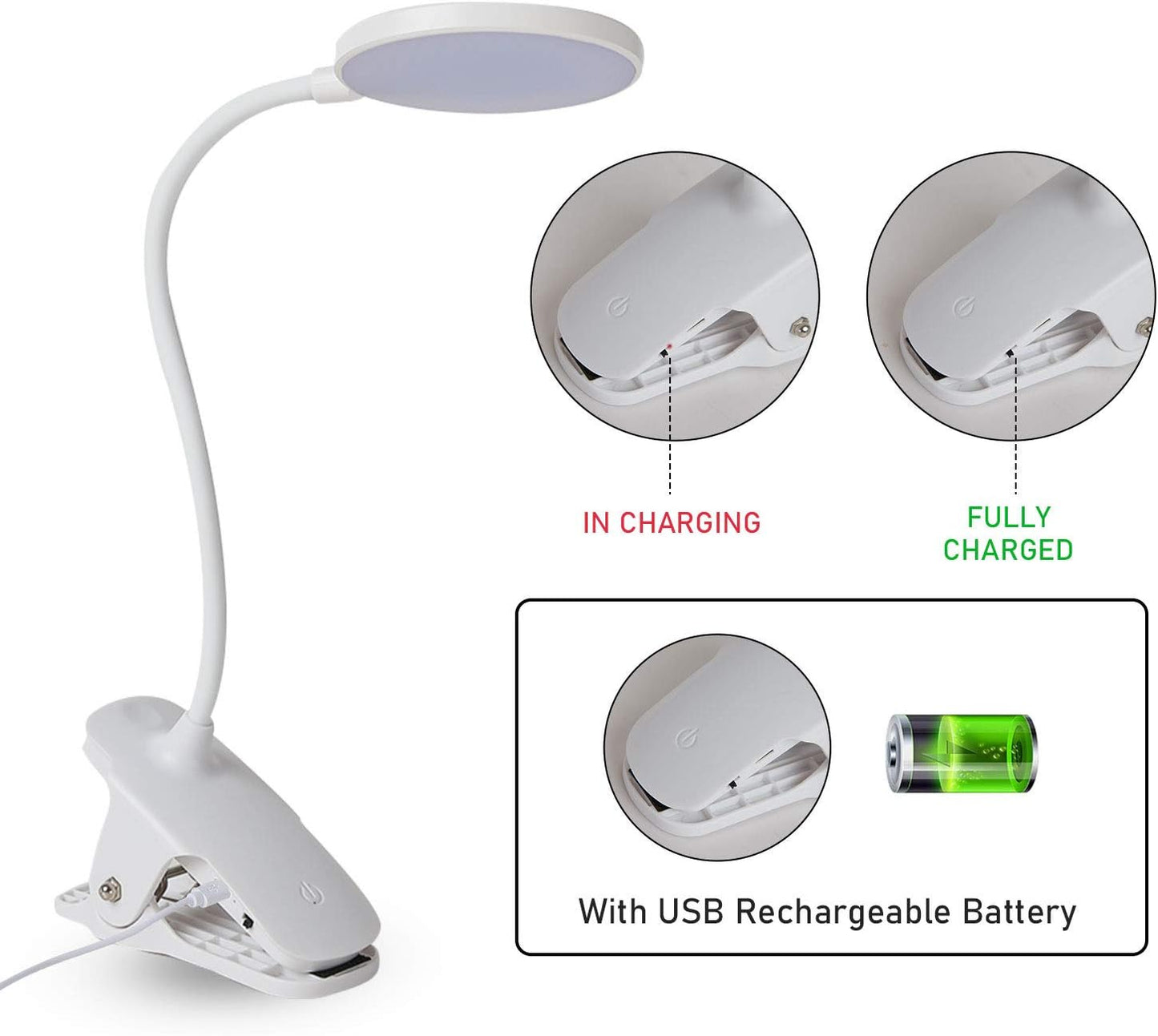 Rechargeable Reading Light for Books in Bed Touch Control Book Light for Reading with Battery,Clip Led Desk Lamp with USB Charging Port 3 Colors & 9 Brightness Reading Lamp