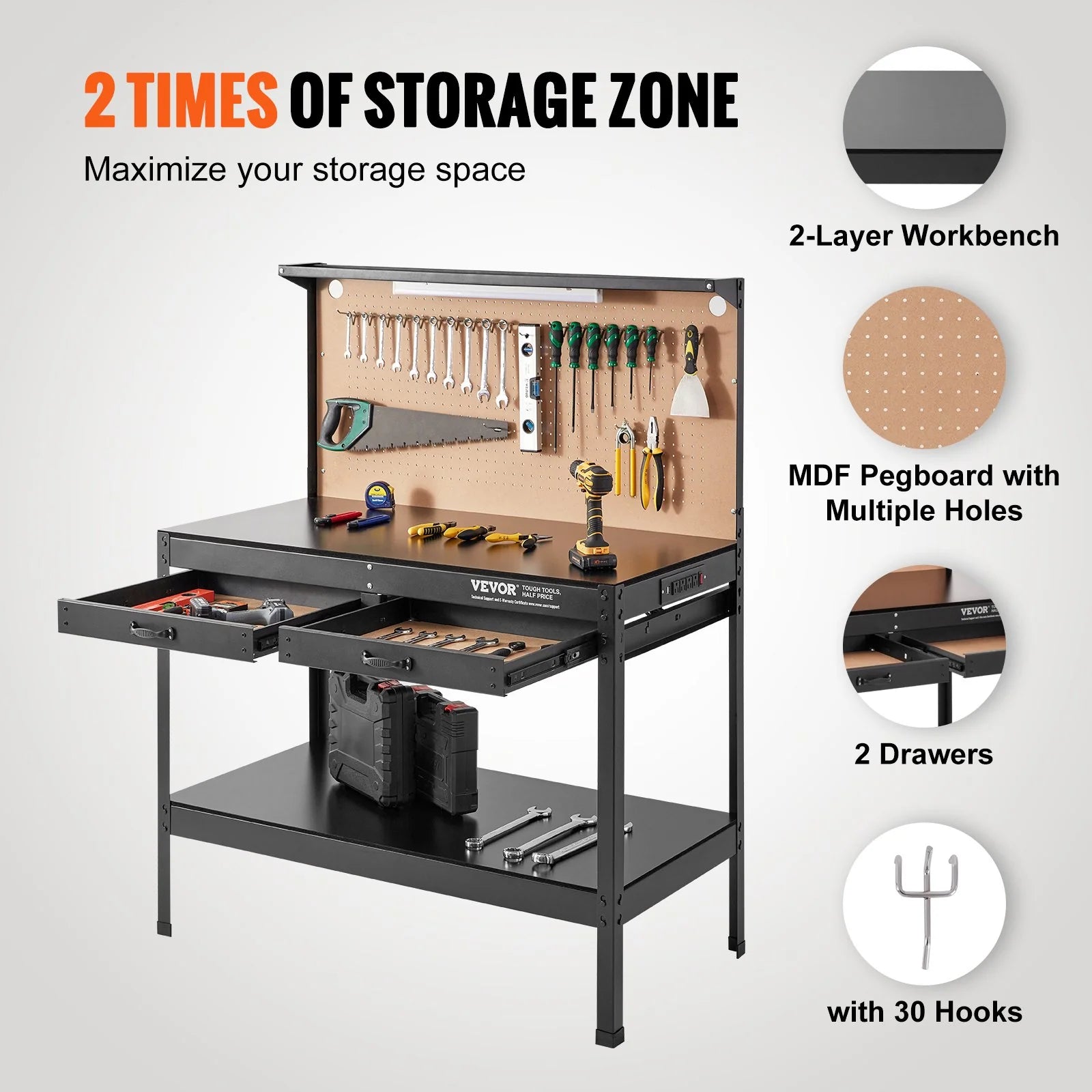VEVOR Workbench A3 Steel Work Bench for Garage Max. 1500W Heavy Duty Workbench 220Lbs Weight Capacity 0.47 Bench Top Thickness Hardwood Workbench 1.5M Cable 4Xac Outlets 2Xusb Ports 30Xhooks