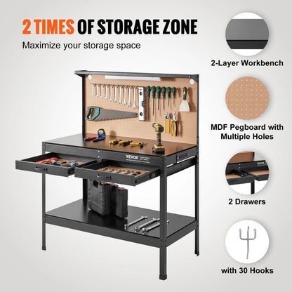 VEVOR Workbench A3 Steel Work Bench for Garage Max. 1500W Heavy Duty Workbench 220Lbs Weight Capacity 0.47 Bench Top Thickness Hardwood Workbench 1.5M Cable 4Xac Outlets 2Xusb Ports 30Xhooks
