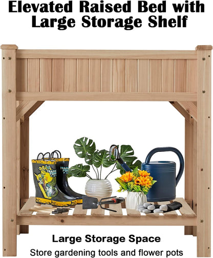 Raised Garden Bed with Legs 36.3X36.3X24 Inch -  Herb Planter with Divider Liner Flower Herb Wood Planter with Storage Shelves for Backyard Patio Extra Gloves 3 Tools 8 Grow Area 20 T-Tag