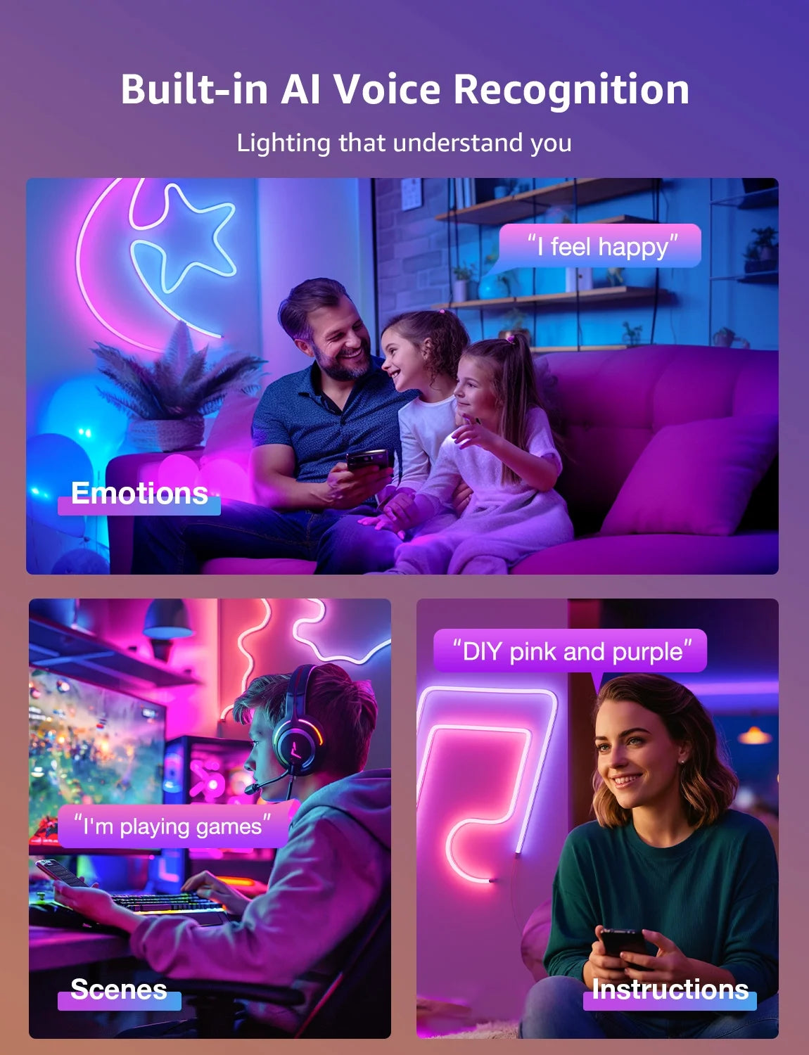 N1 AI Smart RGB Rope Lights 19.68Ft , LLM AI Generated Lighting, Lightbeats Music Sync, Color Segment DIY, Voice Control via App, Wi-Fi & Bluetooth LED Strip Lights