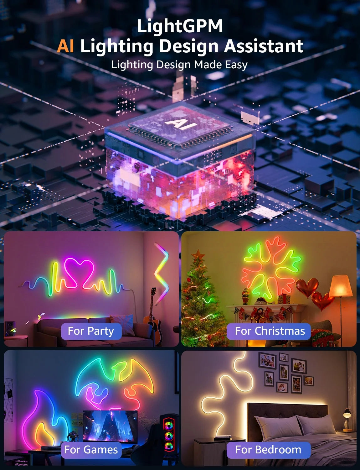 N1 AI Smart RGB Rope Lights 19.68Ft , LLM AI Generated Lighting, Lightbeats Music Sync, Color Segment DIY, Voice Control via App, Wi-Fi & Bluetooth LED Strip Lights