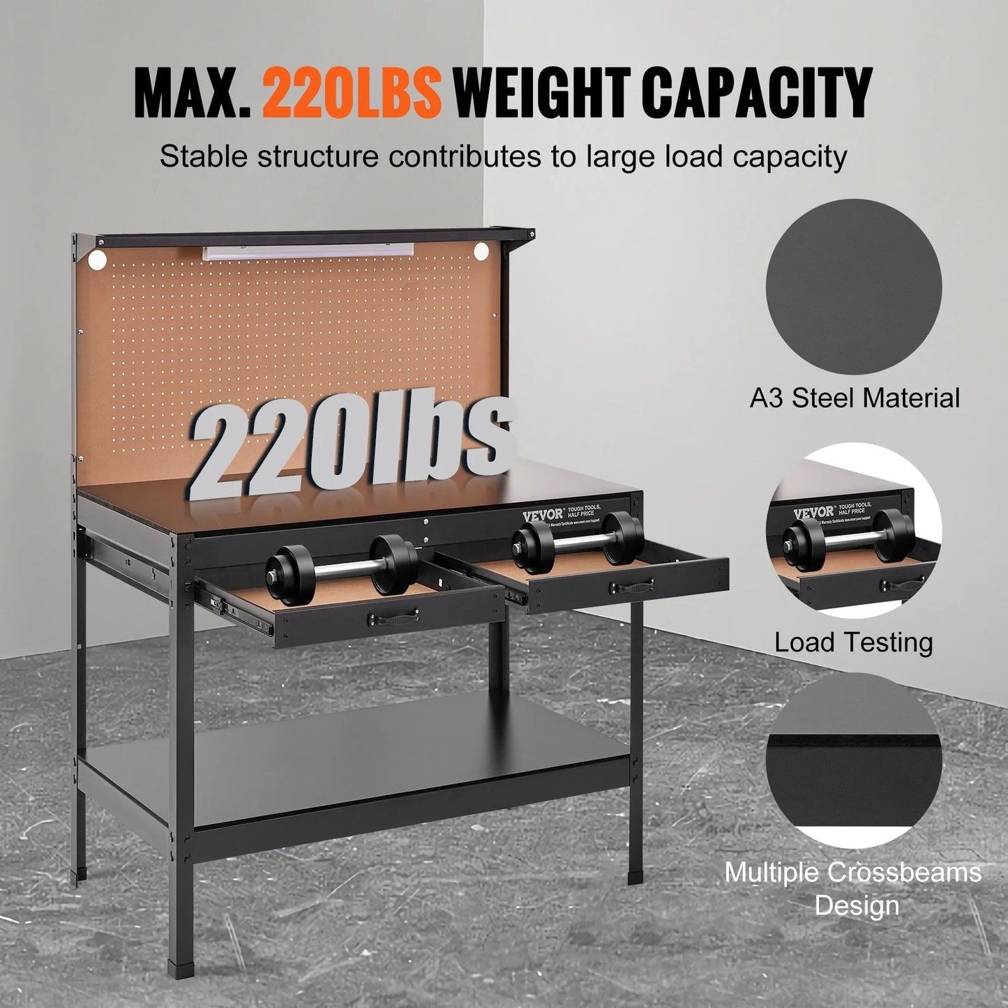 VEVOR Workbench A3 Steel Work Bench for Garage Max. 1500W Heavy Duty Workbench 220Lbs Weight Capacity 0.47 Bench Top Thickness Hardwood Workbench 1.5M Cable 4Xac Outlets 2Xusb Ports 30Xhooks