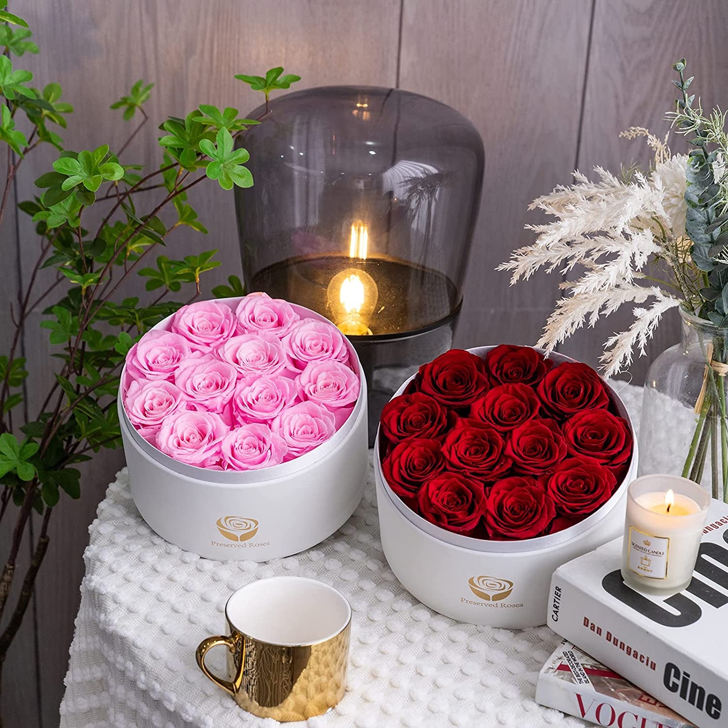 Preserved Real Roses in a Box, Rose Box Gifts for Her, Eternal Roses in a Box, Romantic Gifts for Her, Gift Box for Her/Women/Mother/Friend (12 Red Roses, round White Box)