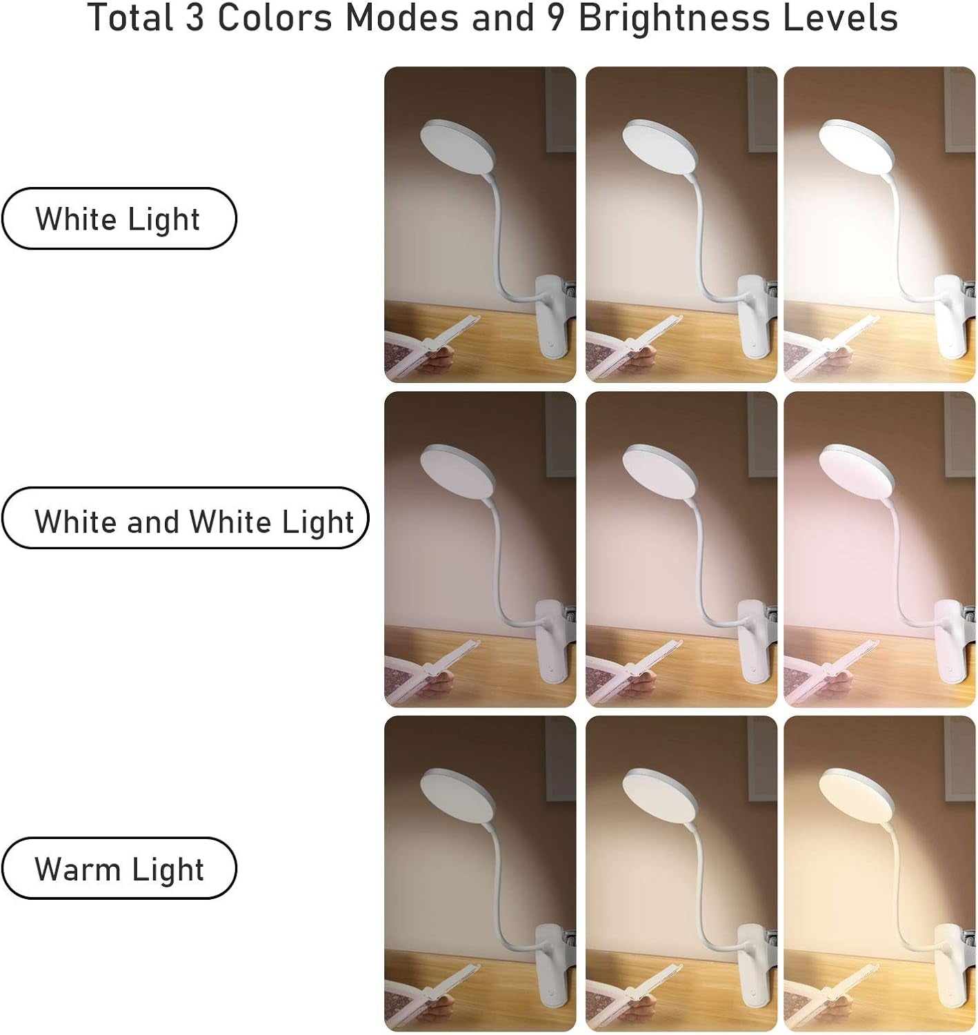 Rechargeable Reading Light for Books in Bed Touch Control Book Light for Reading with Battery,Clip Led Desk Lamp with USB Charging Port 3 Colors & 9 Brightness Reading Lamp