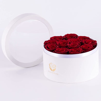 Preserved Real Roses in a Box, Rose Box Gifts for Her, Eternal Roses in a Box, Romantic Gifts for Her, Gift Box for Her/Women/Mother/Friend (12 Red Roses, round White Box)