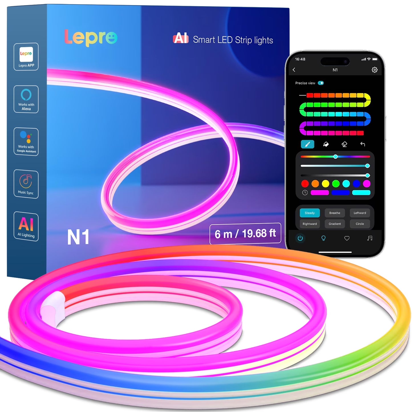 N1 AI Smart RGB Rope Lights 19.68Ft , LLM AI Generated Lighting, Lightbeats Music Sync, Color Segment DIY, Voice Control via App, Wi-Fi & Bluetooth LED Strip Lights