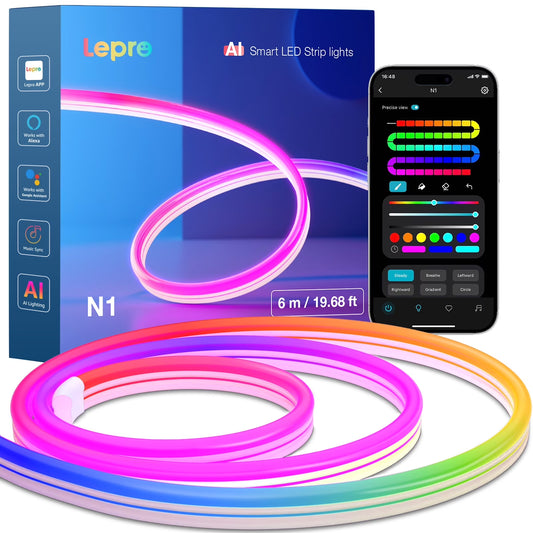 N1 AI Smart RGB Rope Lights 19.68Ft , LLM AI Generated Lighting, Lightbeats Music Sync, Color Segment DIY, Voice Control via App, Wi-Fi & Bluetooth LED Strip Lights