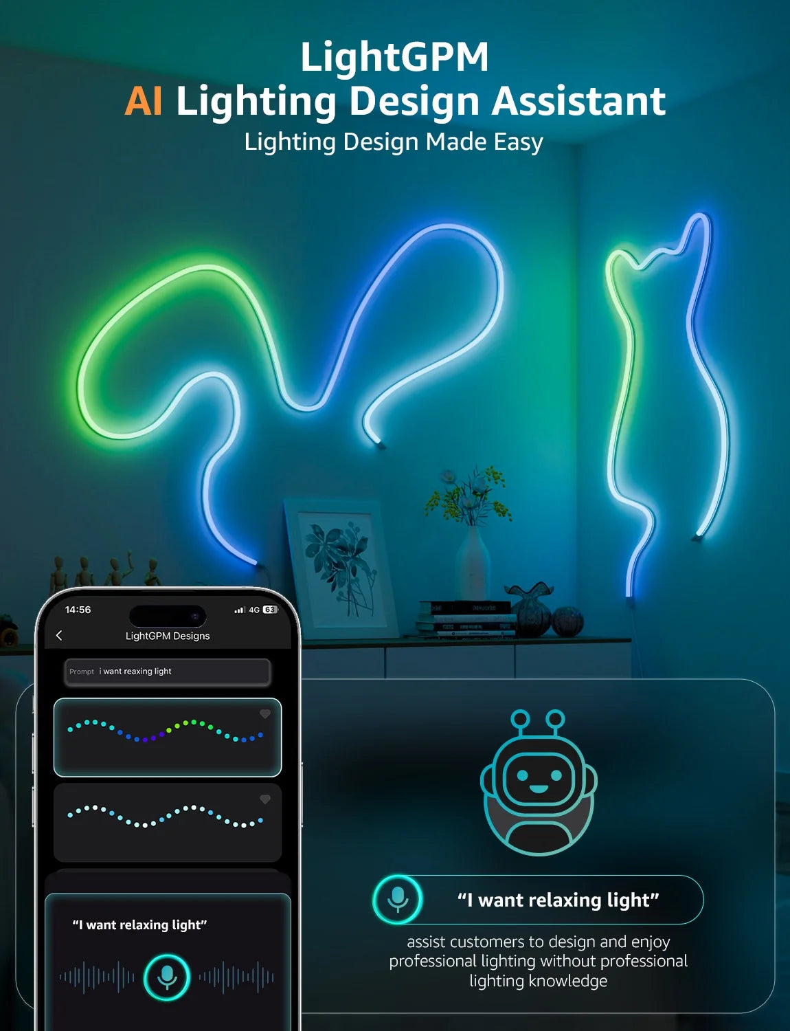 N1 AI Smart RGB Rope Lights 19.68Ft , LLM AI Generated Lighting, Lightbeats Music Sync, Color Segment DIY, Voice Control via App, Wi-Fi & Bluetooth LED Strip Lights